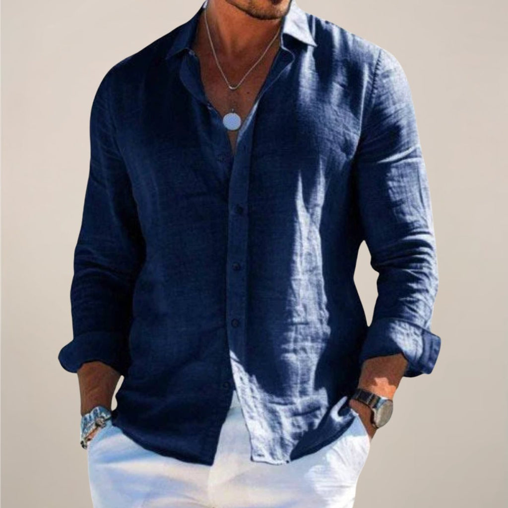 Men's Linen Long Sleeve Button-Up Shirt - Navy Blue