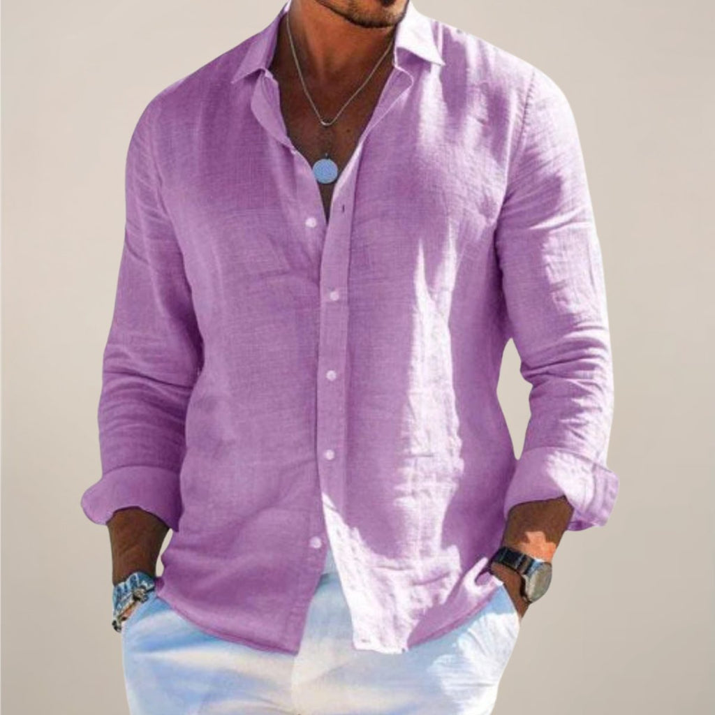 Men's Linen Long Sleeve Button-Up Shirt - Purple