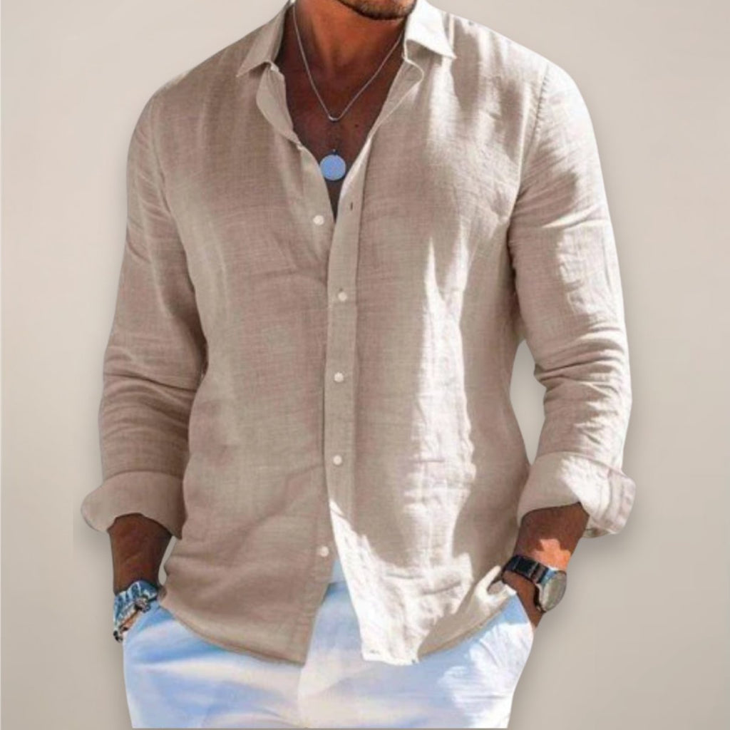 Men's Linen Long Sleeve Button-Up Shirt - Khaki