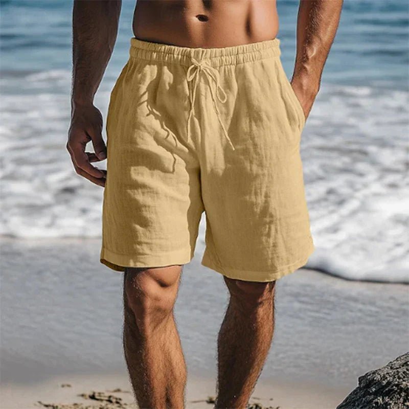 Men's Linen Quick-Dry Mid-Thigh Drawstring Swim Shorts - Khaki