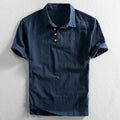 Men's Linen Short Sleeve Three-Button Polo Shirt - Dark Blue