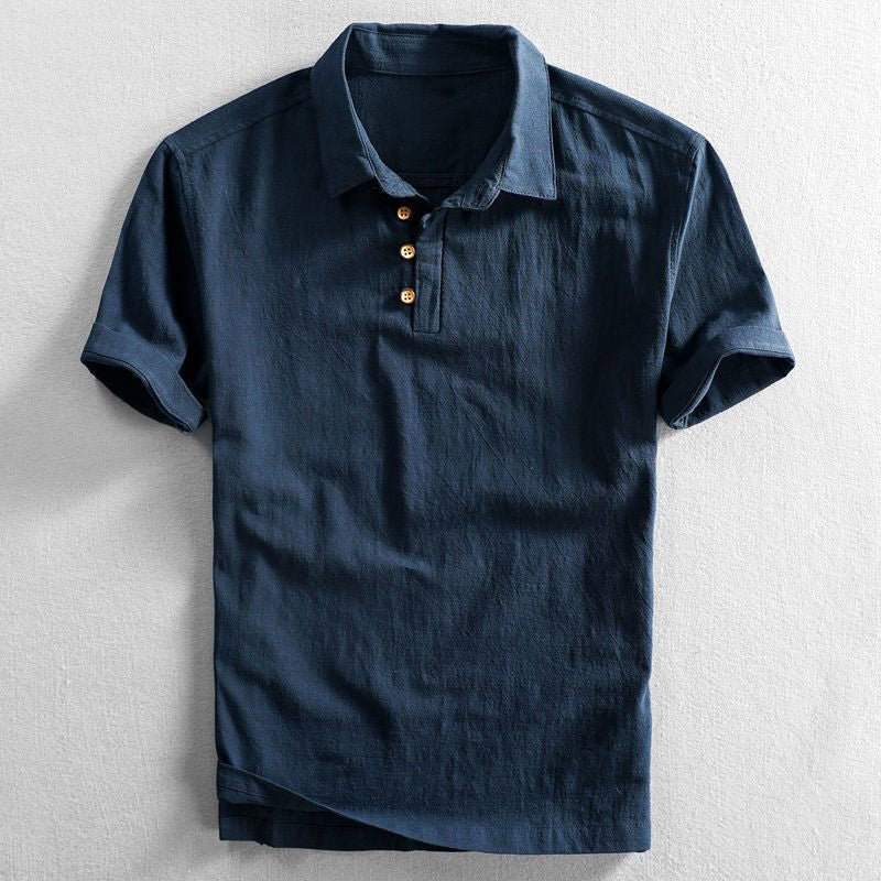 Men's Linen Short Sleeve Three-Button Polo Shirt - Dark Blue