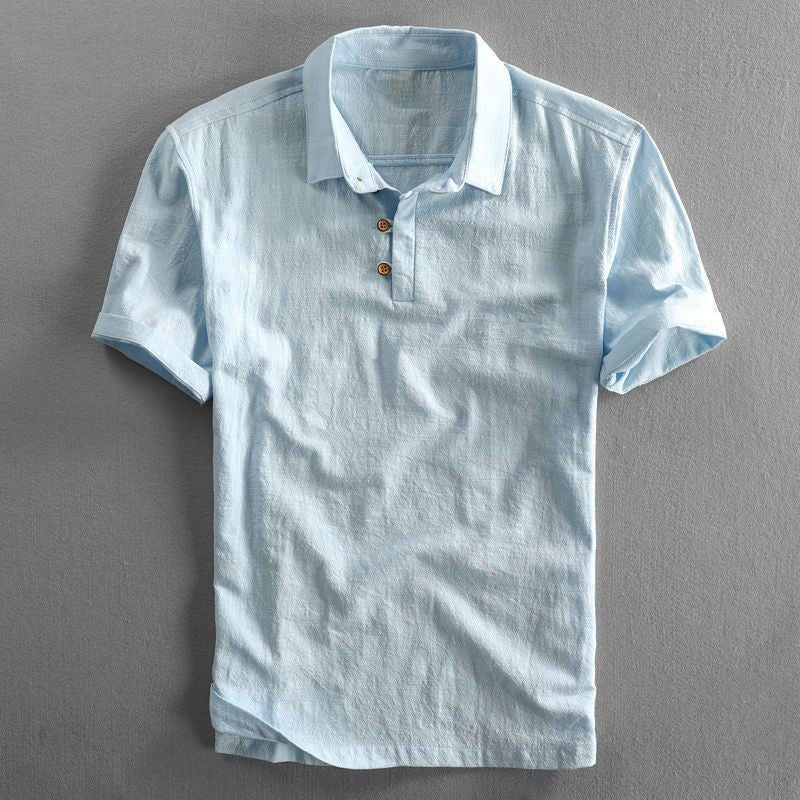 Men's Linen Short Sleeve Three-Button Polo Shirt - Light Blue