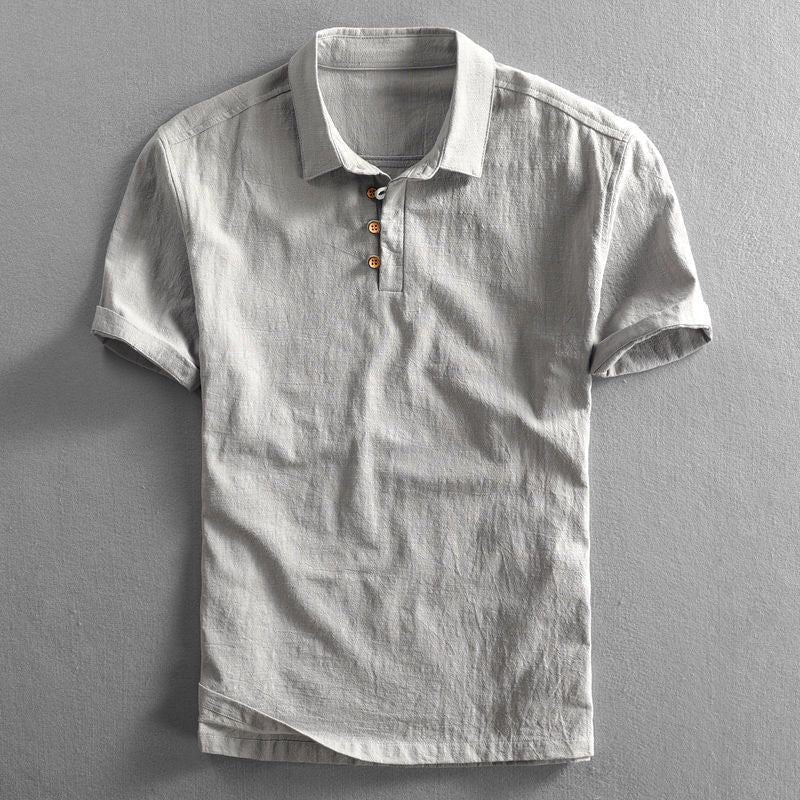 Men's Linen Short Sleeve Three-Button Polo Shirt - Gray