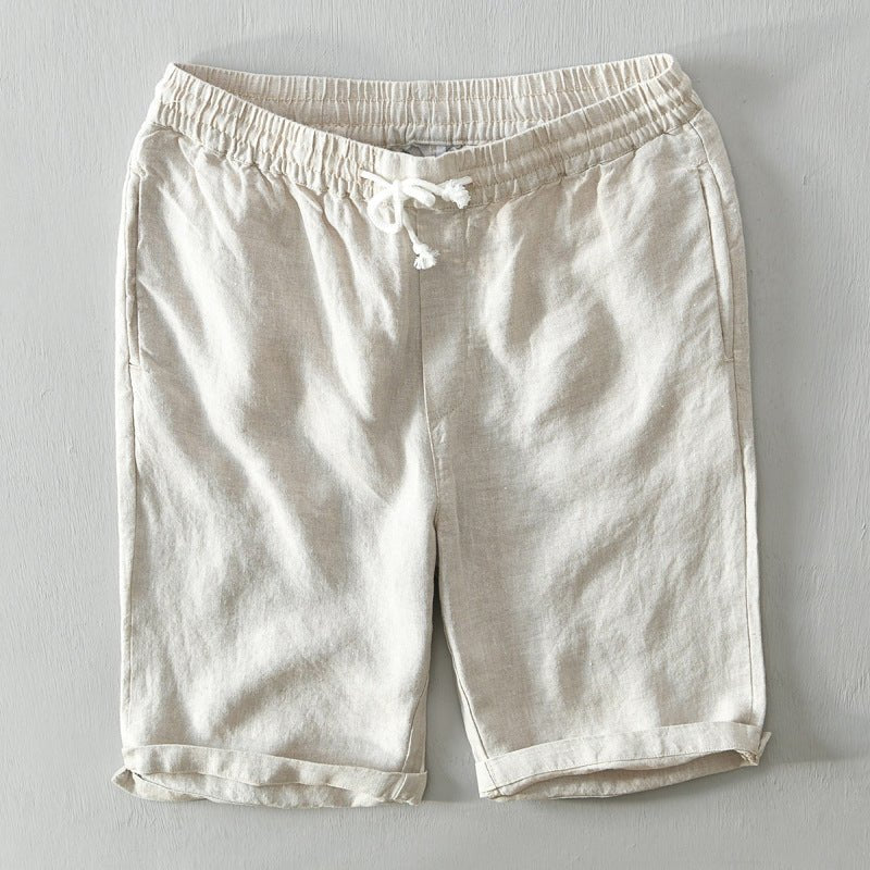 Men's Mid-Rise Relaxed-Fit Drawstring Linen Shorts - Beige