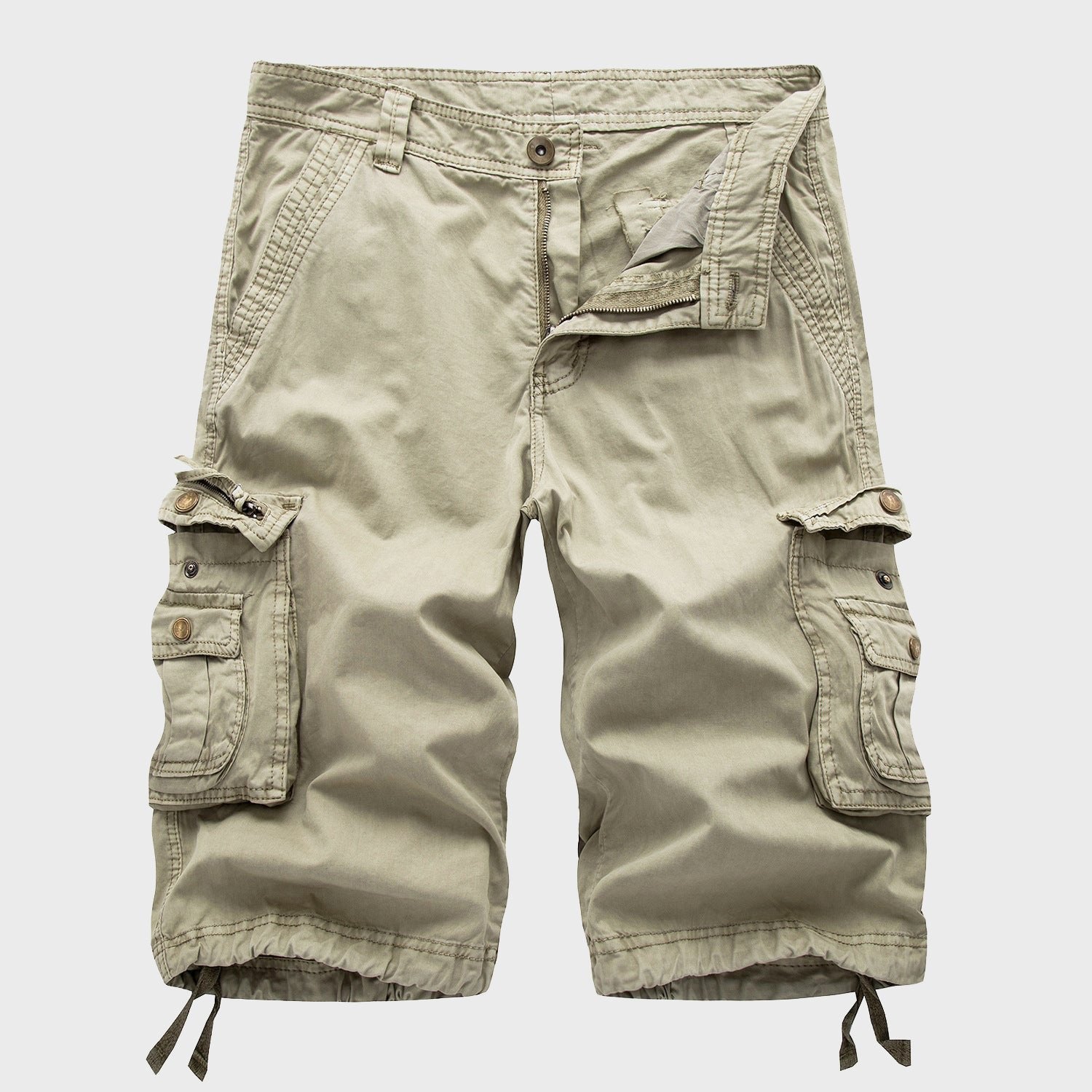 Men's Multi-Pocket Cotton Drawstring Cargo Shorts - Beige