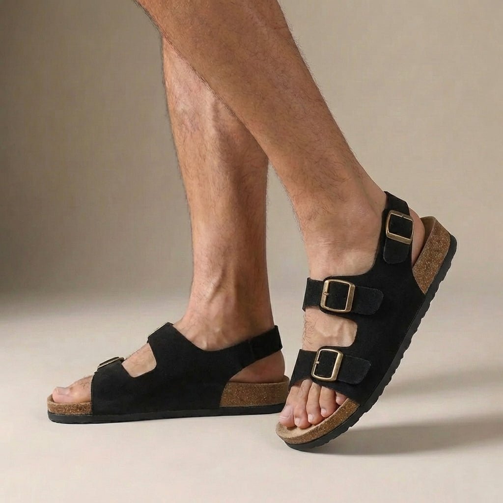 Men's Orthopedic Sandals Cork Sole Buckle Slingback - Black