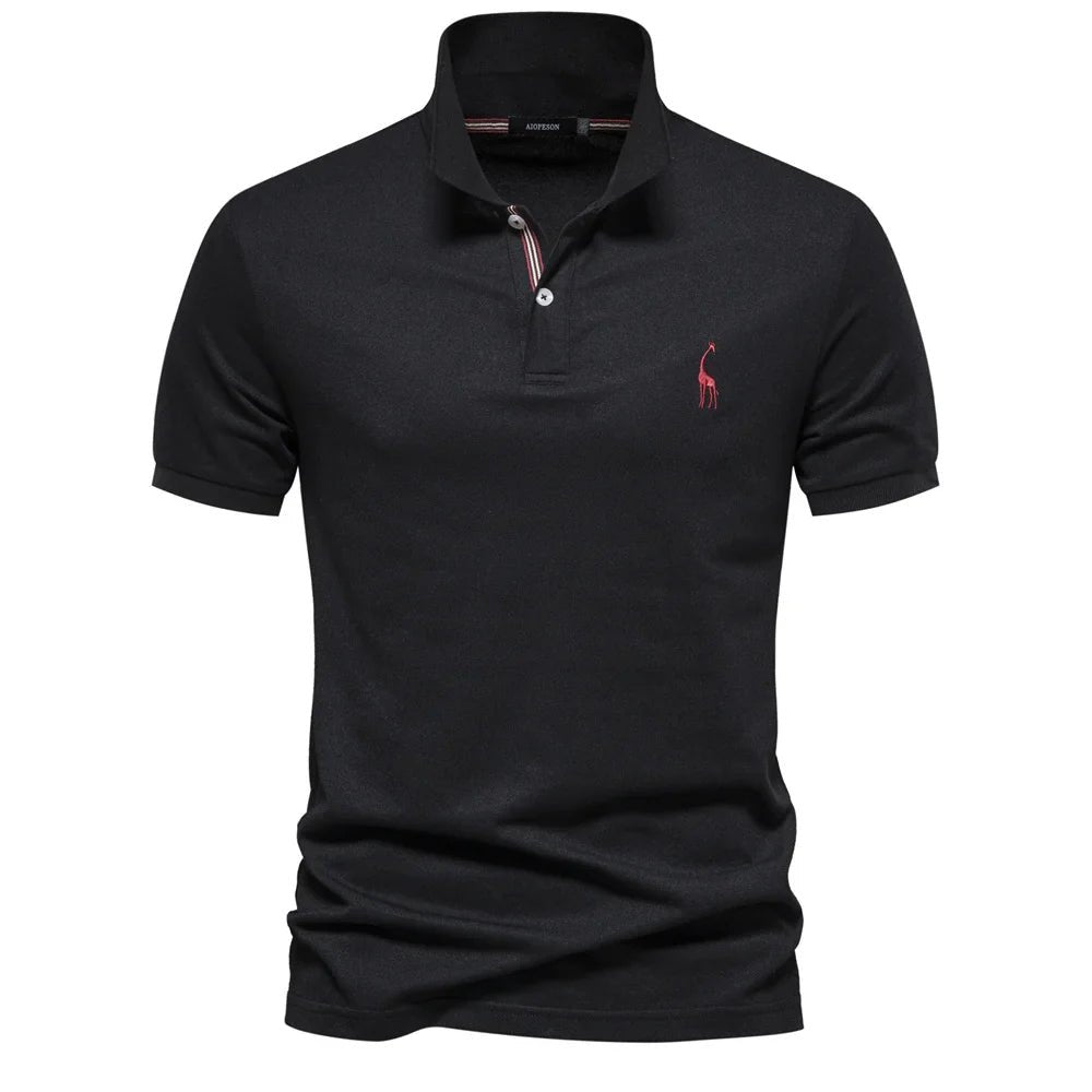 Men's Polo Shirt Short Sleeve Button Placket Embroidered - Black