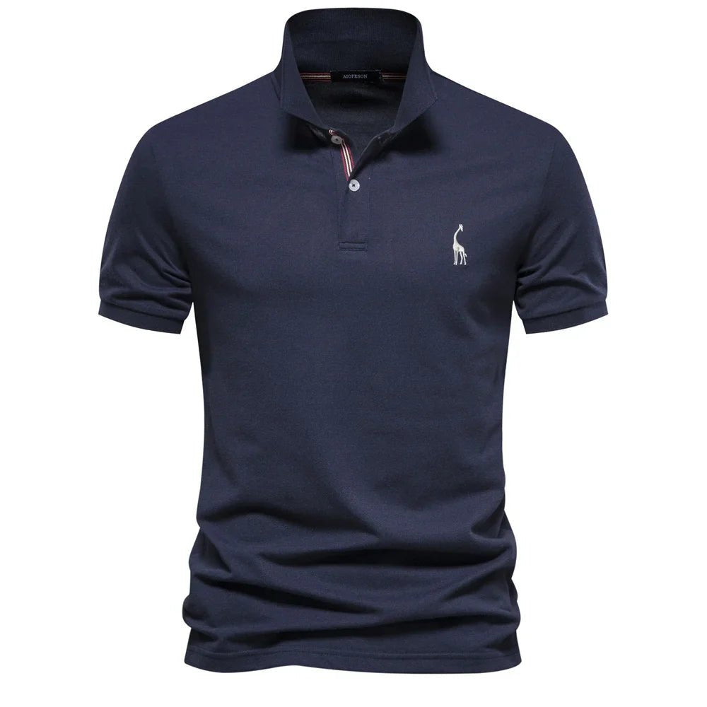 Men's Polo Shirt Short Sleeve Button Placket Embroidered - Dark Blue
