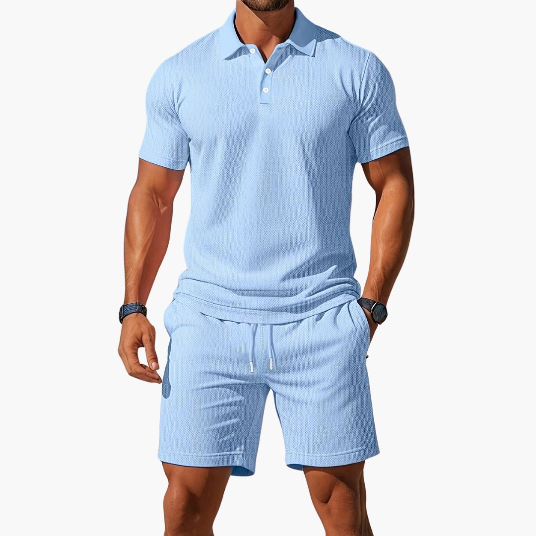 Men's Polo Short Set Drawstring Shorts Lounge Wear - Light Blue