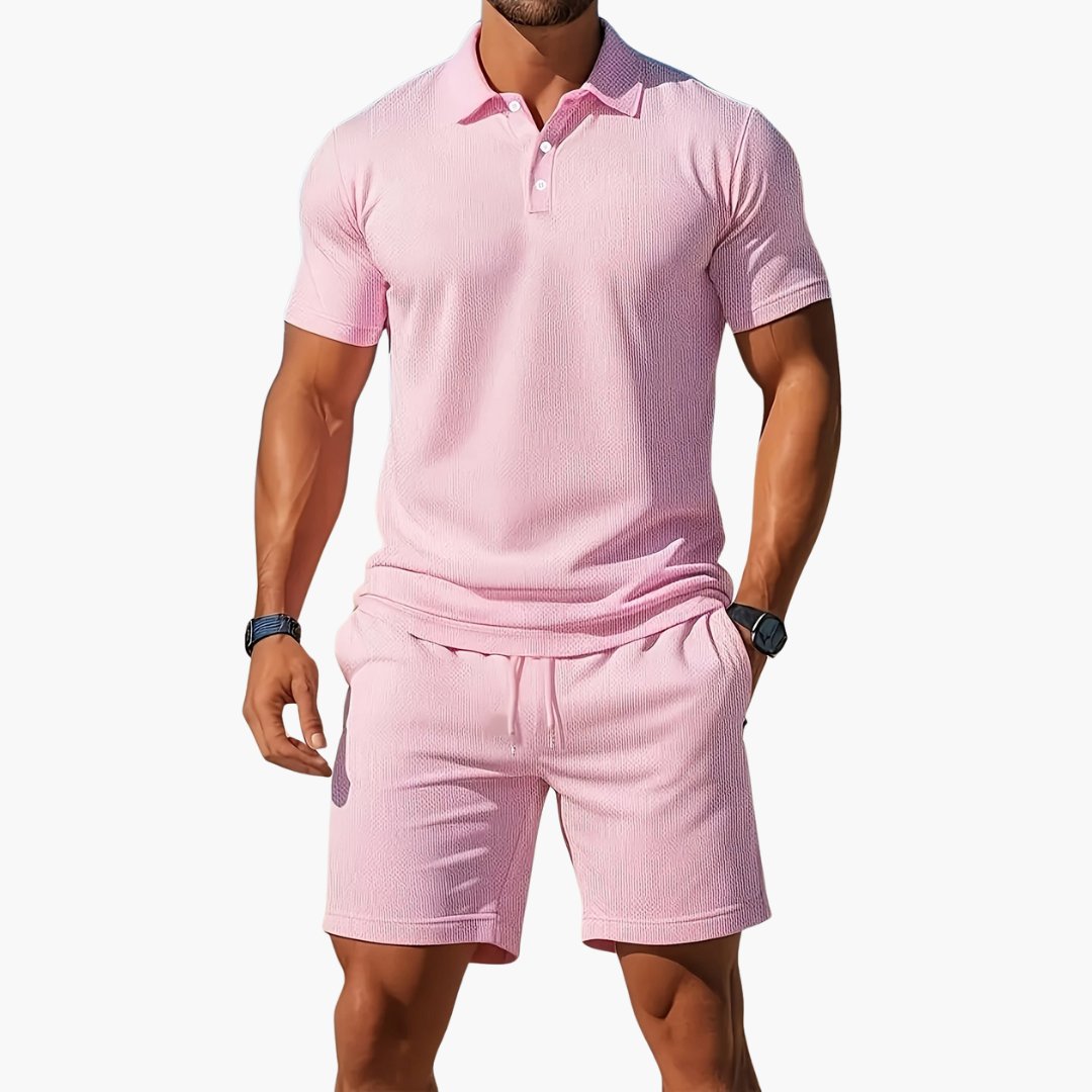 Men's Polo Short Set Drawstring Shorts Lounge Wear - Light Pink