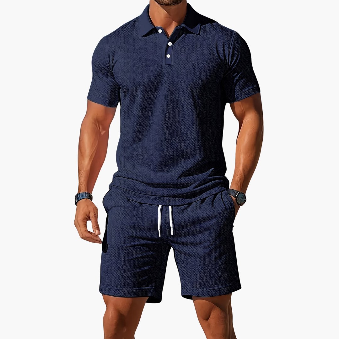 Men's Polo Short Set Drawstring Shorts Lounge Wear - Navy Blue