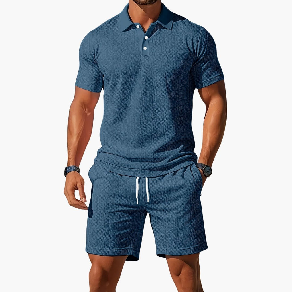 Men's Polo Short Set Drawstring Shorts Lounge Wear - Blue