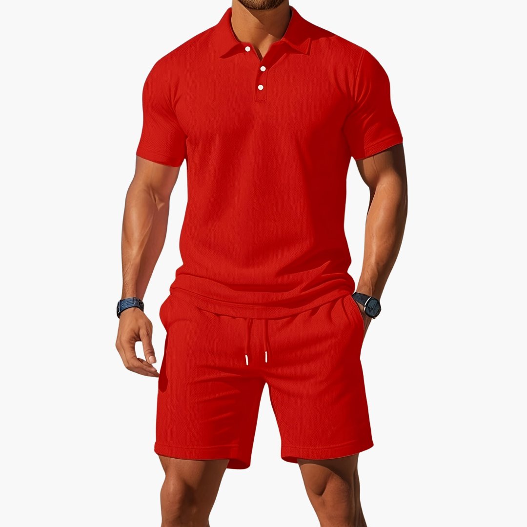 Men's Polo Short Set Drawstring Shorts Lounge Wear - Red