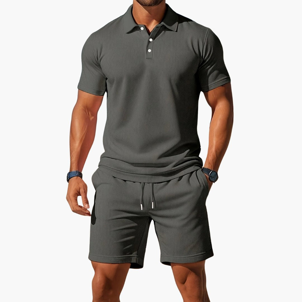 Men's Polo Short Set Drawstring Shorts Lounge Wear - Dark Gray
