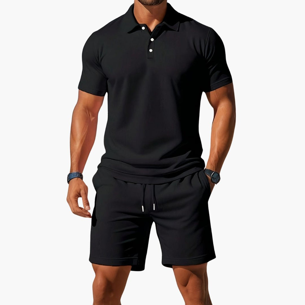 Men's Polo Short Set Drawstring Shorts Lounge Wear - Black