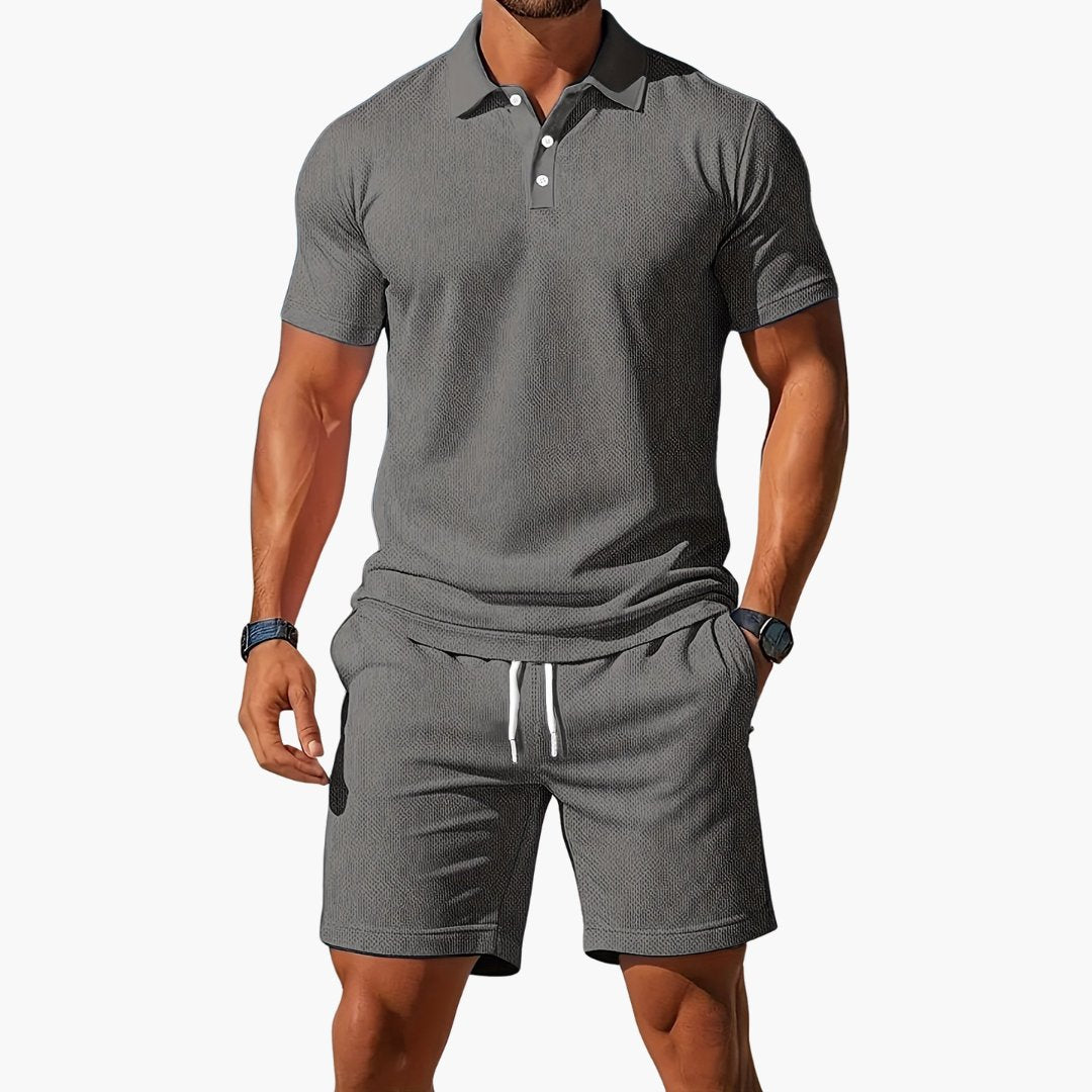 Men's Polo Short Set Drawstring Shorts Lounge Wear - Light Gray