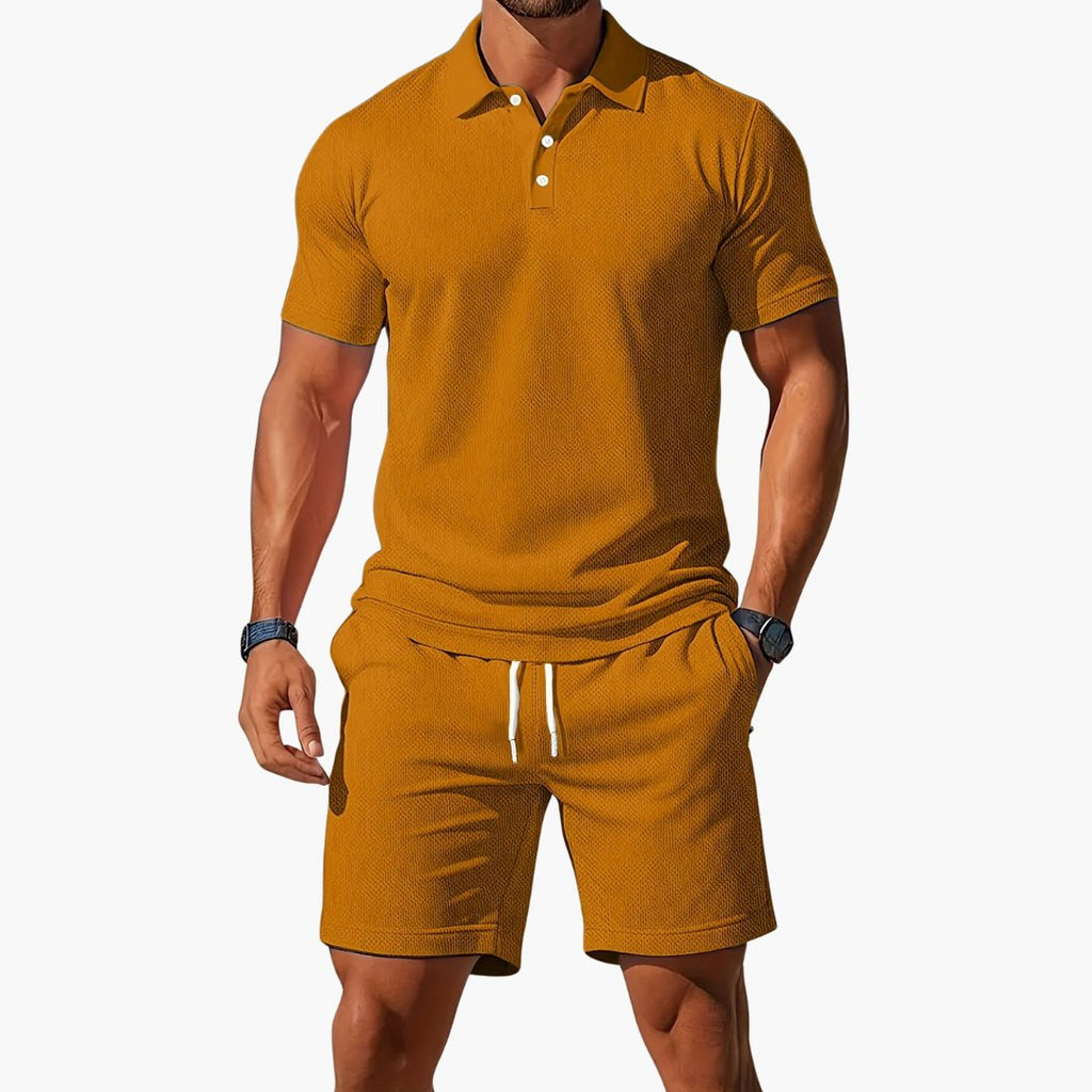 Men's Polo Short Set Drawstring Shorts Lounge Wear - Khaki