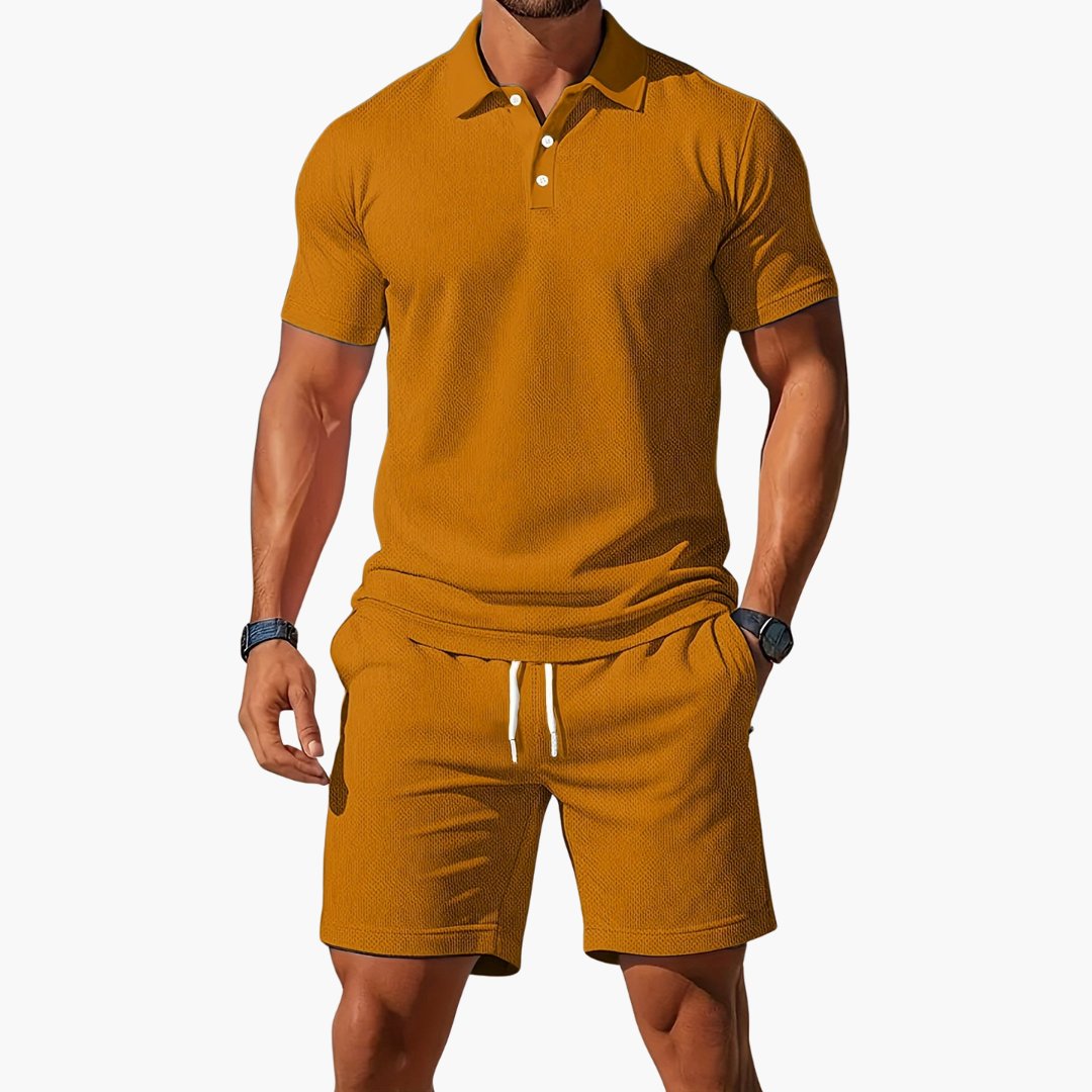 Men's Polo Short Set Drawstring Shorts Lounge Wear - Khaki