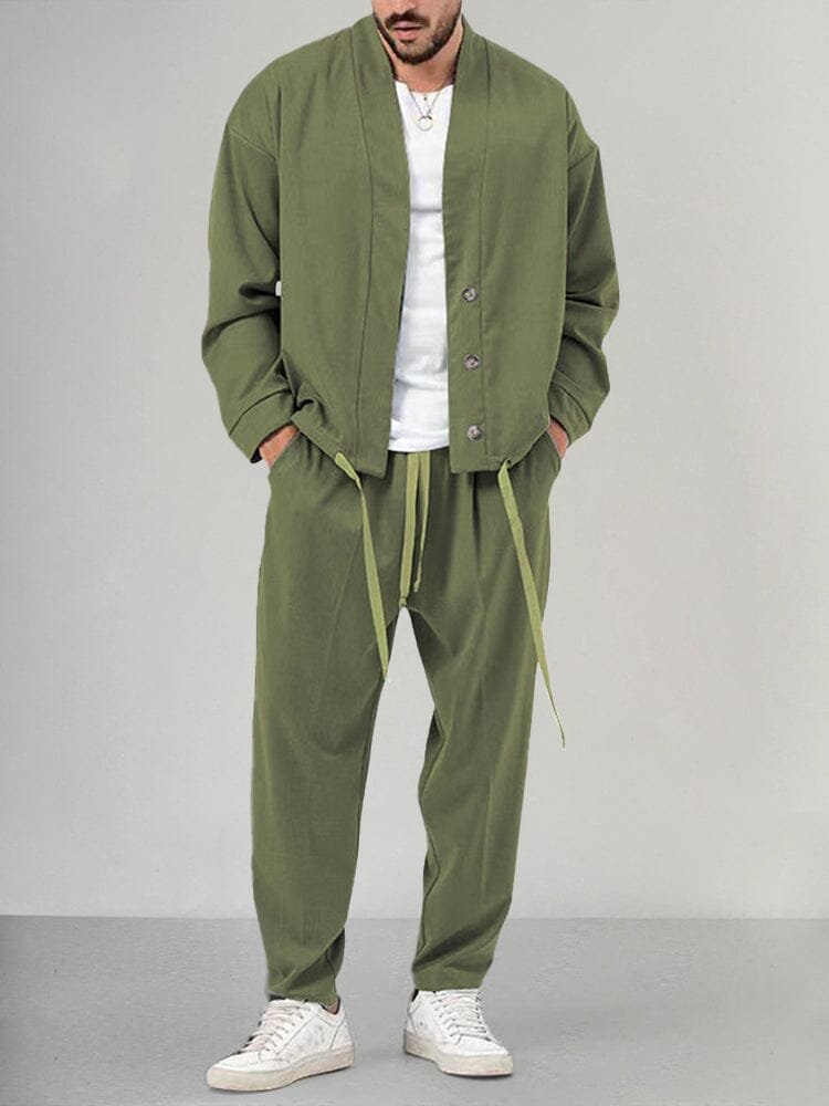 Men's Relaxed-Fit Button-Front Two-Piece Lounge Set - Green