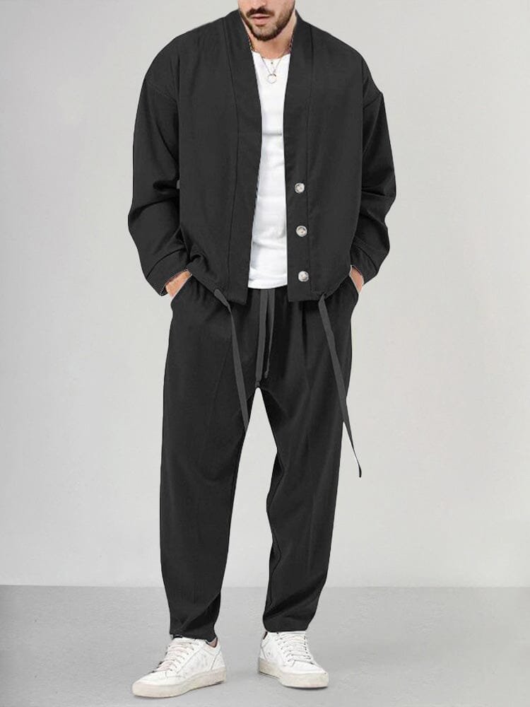 Men's Relaxed-Fit Button-Front Two-Piece Lounge Set - Black