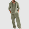Men's Relaxed-Fit Hooded Henley Linen Set - Green