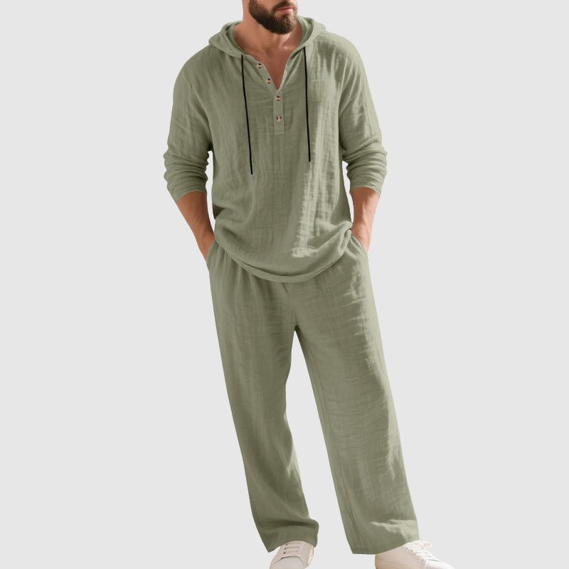 Men's Relaxed-Fit Hooded Henley Linen Set - Green