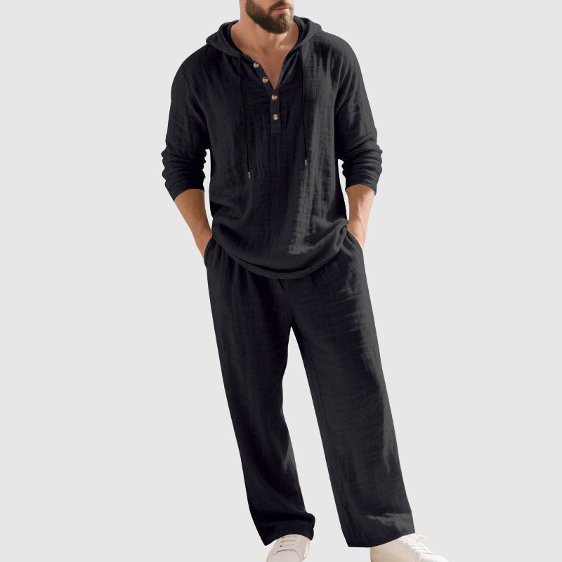 Men's Relaxed-Fit Hooded Henley Linen Set - Black