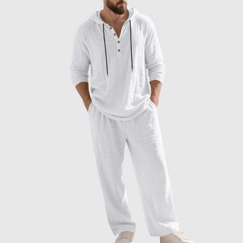 Men's Relaxed-Fit Hooded Henley Linen Set - White