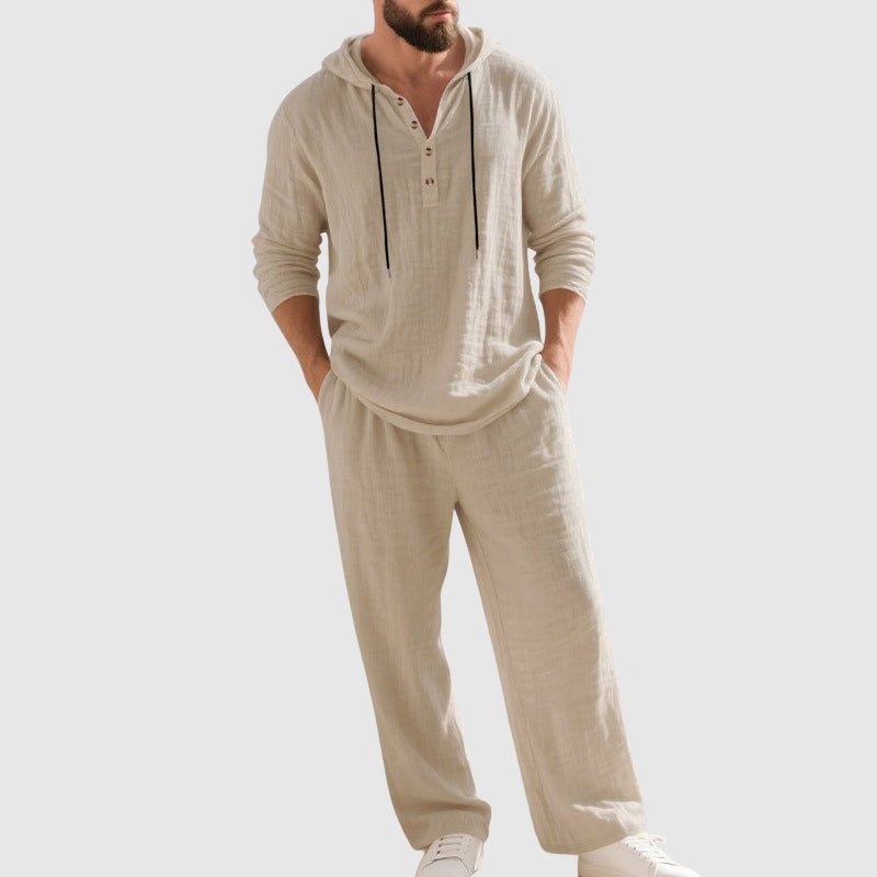 Men's Relaxed-Fit Hooded Henley Linen Set - Beige