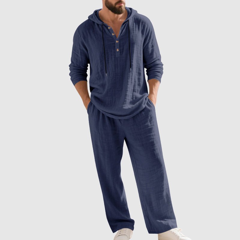 Men's Relaxed-Fit Hooded Henley Linen Set - Blue