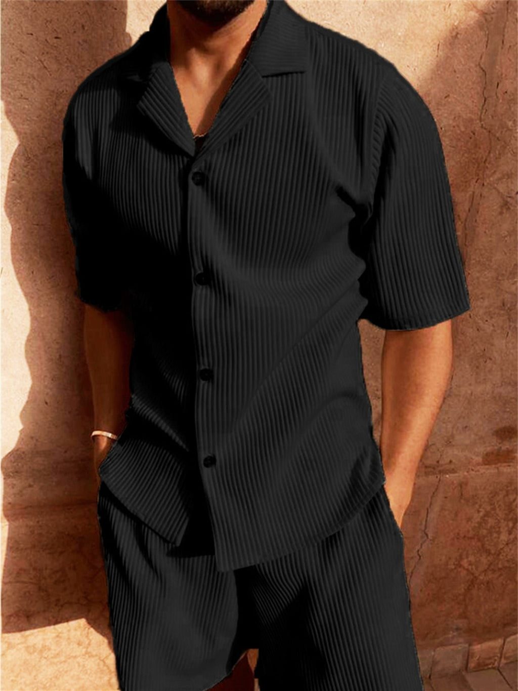 Men's Ribbed Button-Up Shirt Shorts Set Matching Two Piece - Black