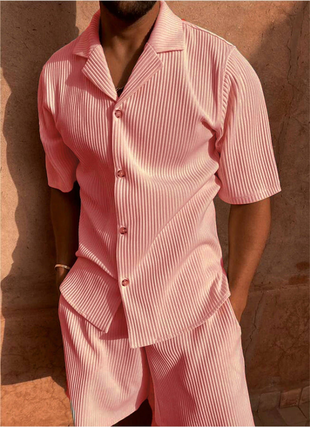 Men's Ribbed Button-Up Shirt Shorts Set Matching Two Piece - Pink