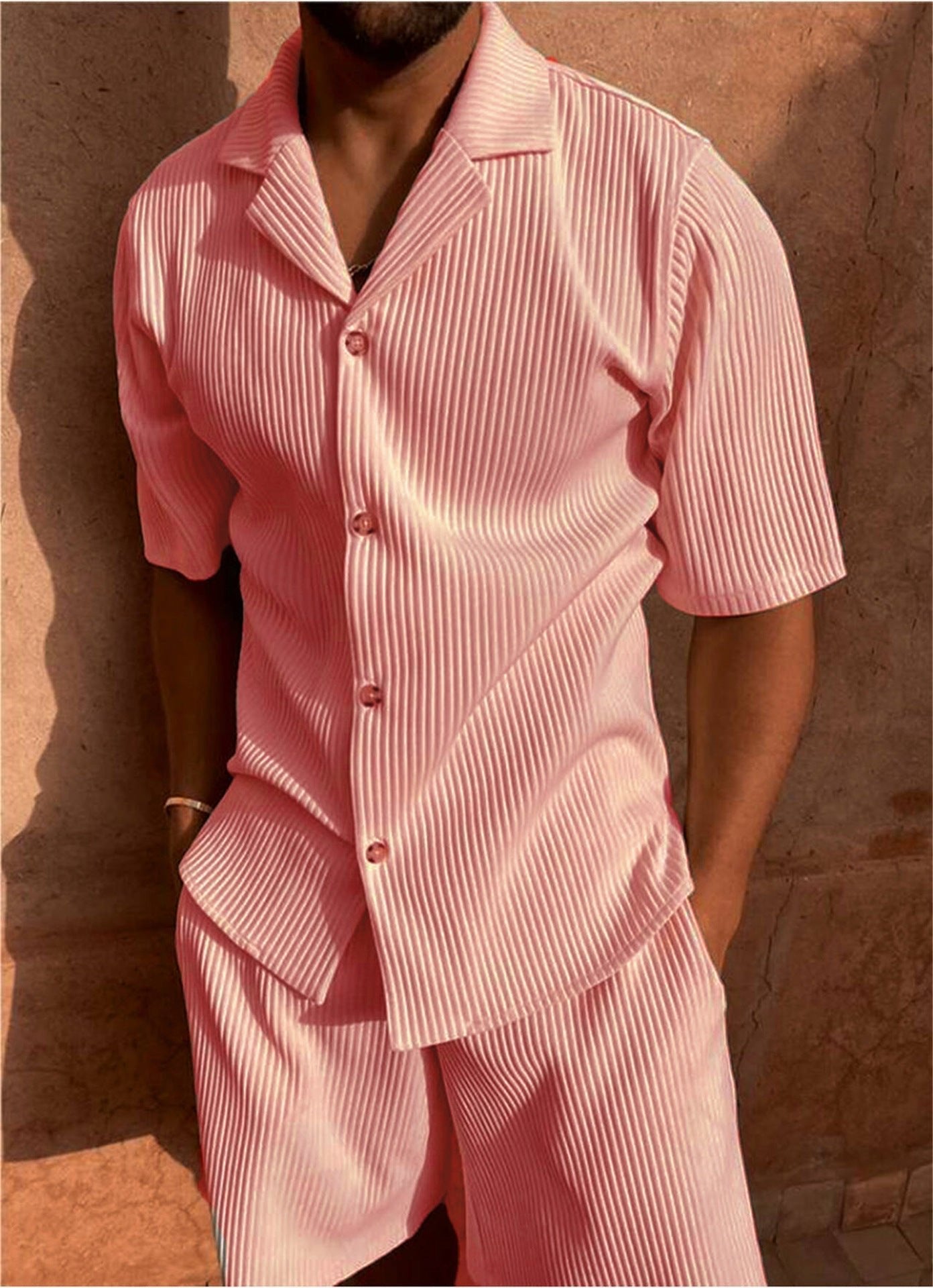 Men's Ribbed Button-Up Shirt Shorts Set Matching Two Piece - Pink