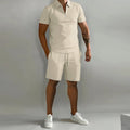 Men's Ribbed Polo Shirt Shorts Set Zip Front Two Piece - Khaki