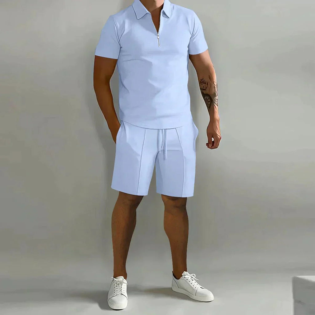 Men's Ribbed Polo Shirt Shorts Set Zip Front Two Piece - Light Blue