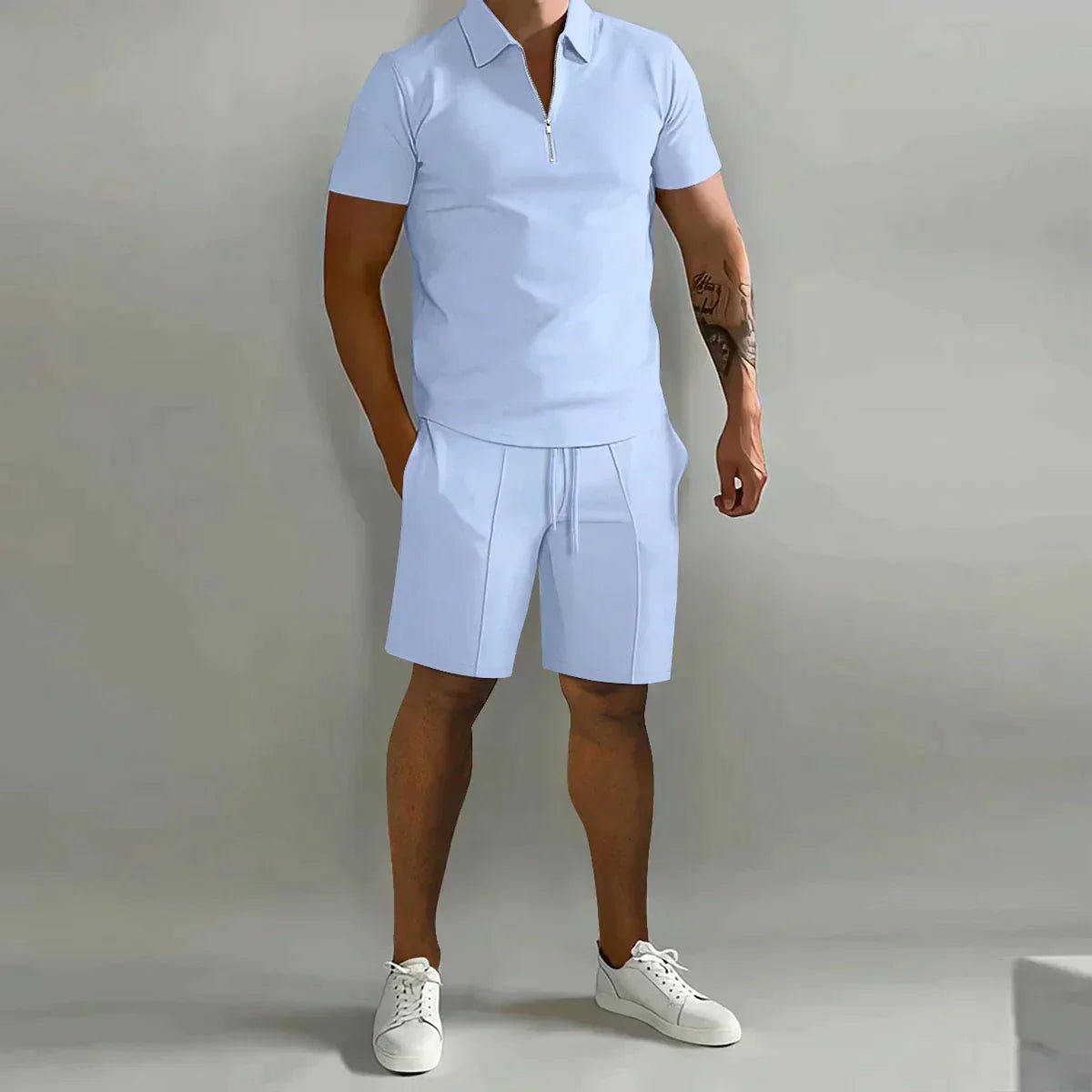 Men's Ribbed Polo Shirt Shorts Set Zip Front Two Piece - Light Blue
