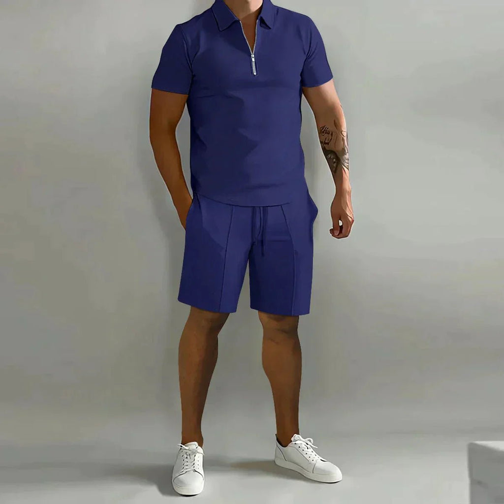 Men's Ribbed Polo Shirt Shorts Set Zip Front Two Piece - Marine Blue