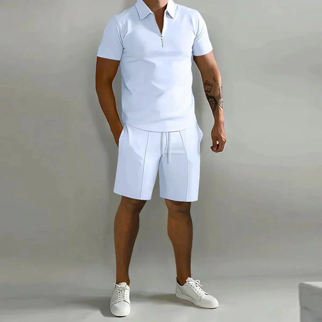 Men's Ribbed Polo Shirt Shorts Set Zip Front Two Piece - White