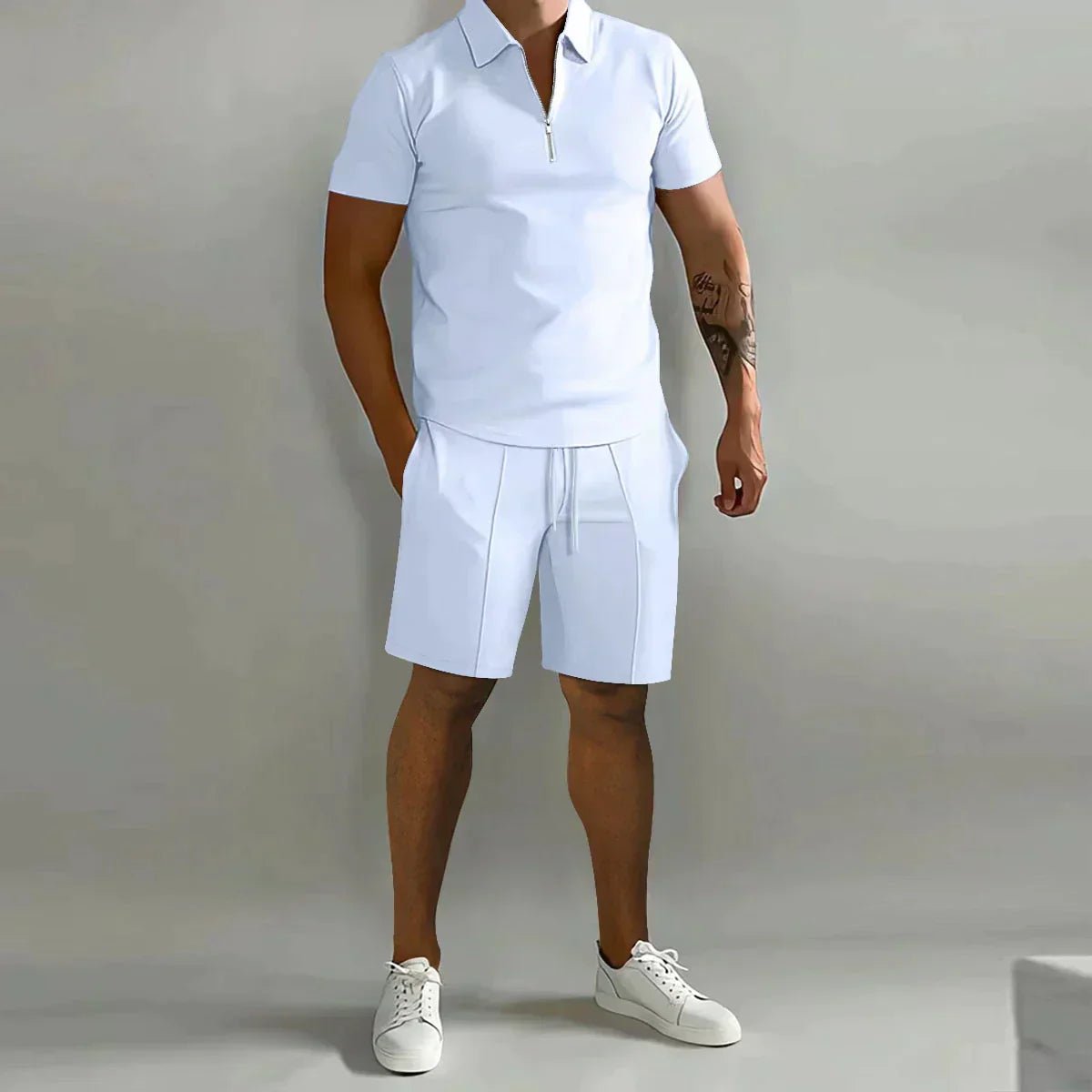 Men's Ribbed Polo Shirt Shorts Set Zip Front Two Piece - White