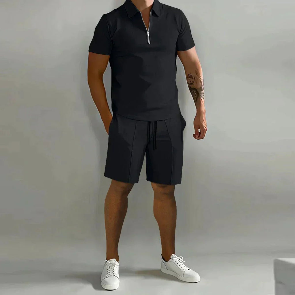 Men's Ribbed Polo Shirt Shorts Set Zip Front Two Piece - Black
