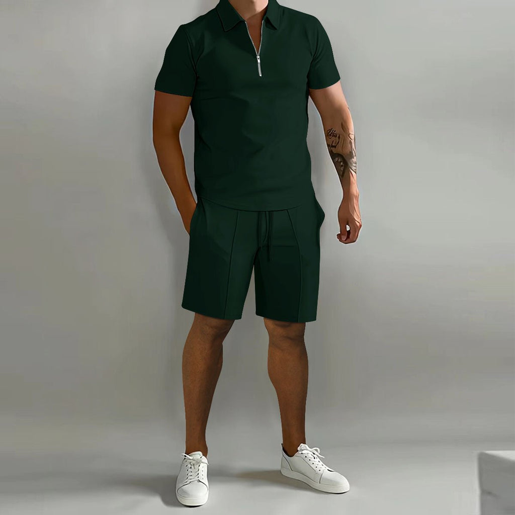Men's Ribbed Polo Shirt Shorts Set Zip Front Two Piece - Green
