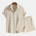 Men's Short Sleeve Shirt Shorts Set Drawstring Button Down - Beige