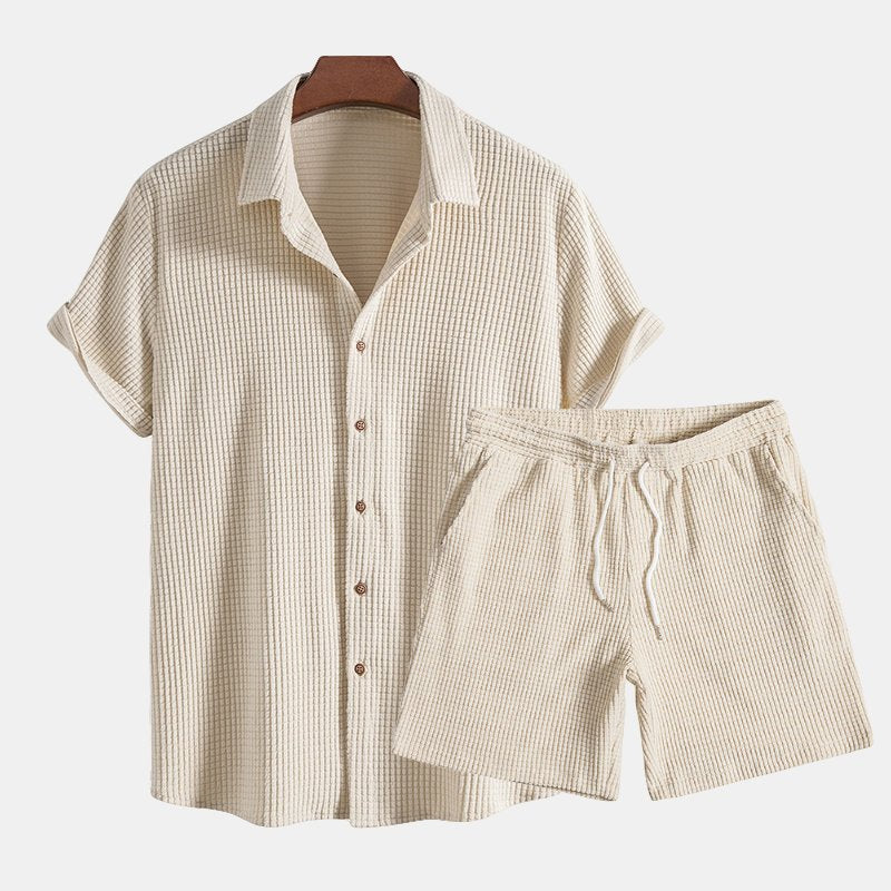 Men's Short Sleeve Shirt Shorts Set Drawstring Button Down - Beige
