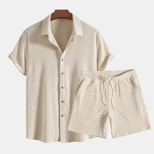 Men's Short Sleeve Shirt Shorts Set Drawstring Button Down - Beige