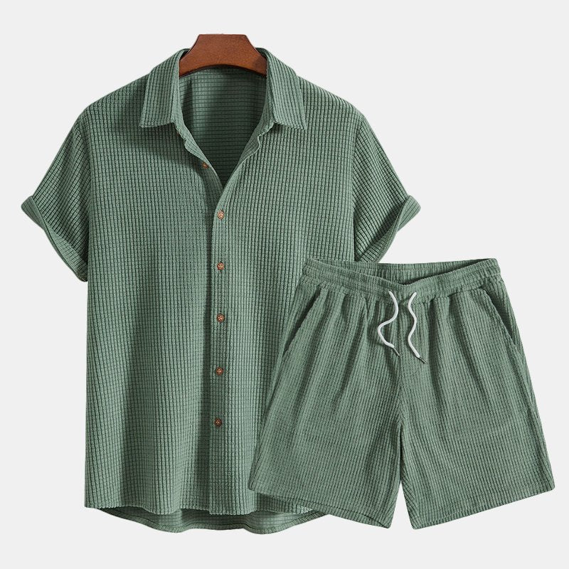 Men's Short Sleeve Shirt Shorts Set Drawstring Button Down - Green