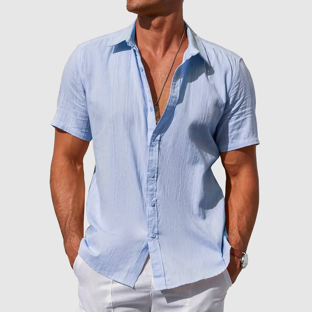 Men's Short-Sleeve Textured Linen Button-Up Shirt - Light Blue