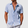 Men's Short-Sleeve Textured Linen Button-Up Shirt - Light Blue