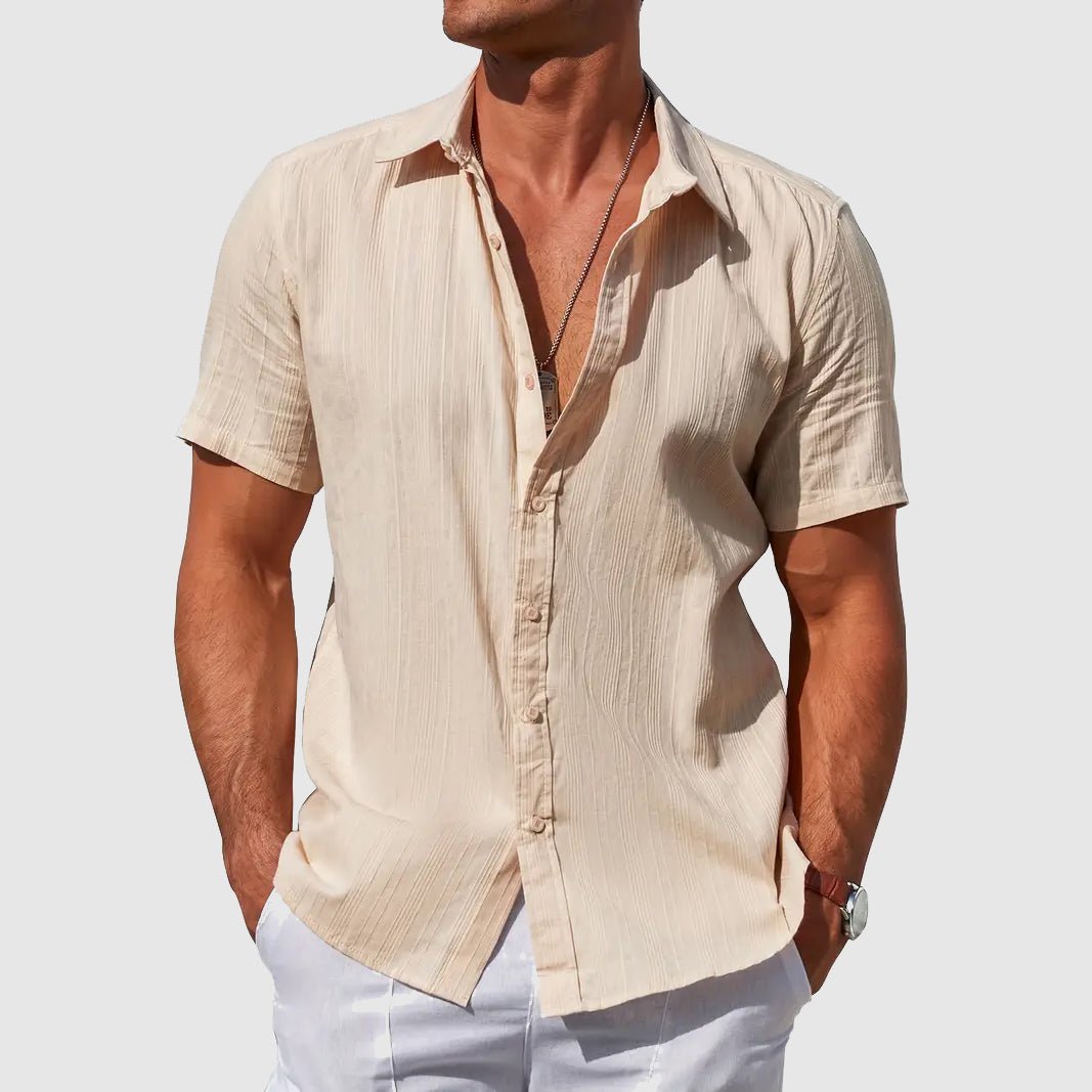 Men's Short-Sleeve Textured Linen Button-Up Shirt - Beige