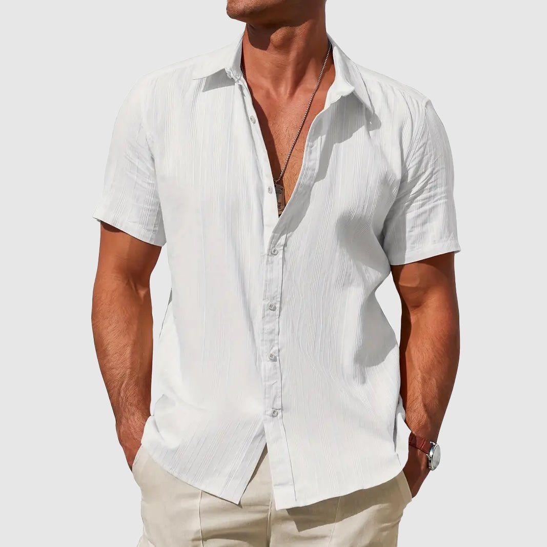 Men's Short-Sleeve Textured Linen Button-Up Shirt - White